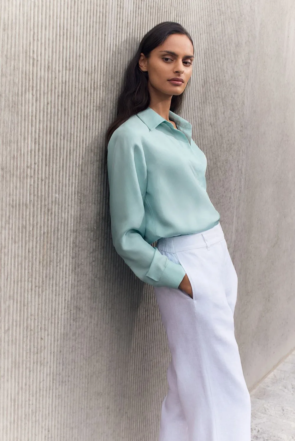 Shirts>Trenery Silk Twill Concealed Placket Shirt PaleSeafoam
