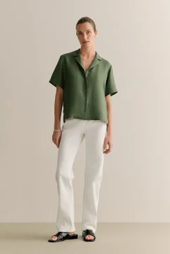 Shirts>Trenery Silk Twill Short Sleeve Camp Shirt Ivy