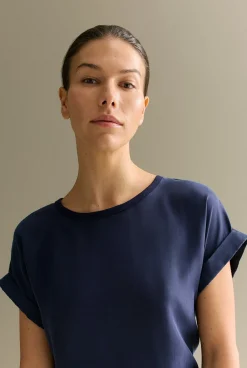 T-shirts & Tops>Trenery Spliced Cuff Detail T-shirt Navy