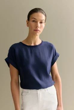 T-shirts & Tops>Trenery Spliced Cuff Detail T-shirt Navy