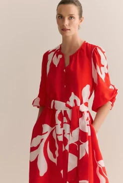 Dresses|Occasion Dresses & Outfits>Trenery Stencil Palm Blouson Sleeve Tie Waist Dress MultiDeepRed