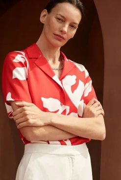 Shirts>Trenery Stencil Palm Silk Twill Short Sleeve Shirt MultiDeepRed