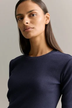 T-shirts & Tops>Trenery Stretch Cotton Rib Crew T-shirt Navy