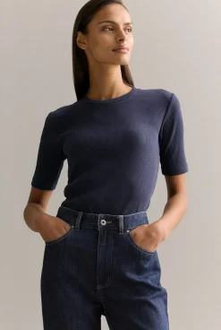 T-shirts & Tops>Trenery Stretch Cotton Rib Crew T-shirt Navy