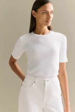 T-shirts & Tops>Trenery Stretch Cotton Rib Crew T-shirt White