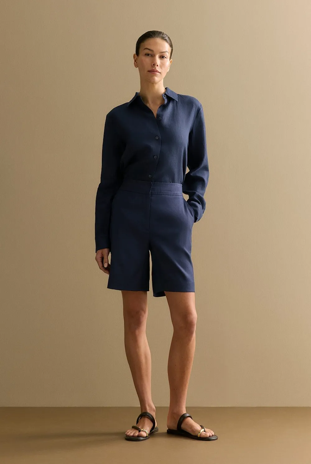 Shorts>Trenery Stretch Linen Blend Longline Short NightSky