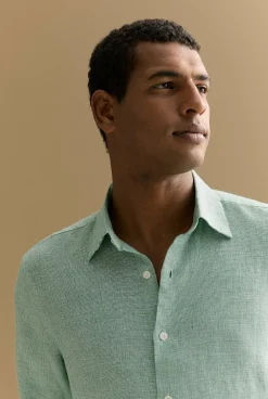 Shirts>Trenery Tailored Fit Basketweave Linen Shirt RacingGreen