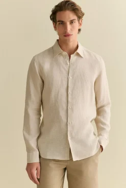 The Linen Edit>Trenery Tailored Fit Basketweave Linen Shirt Barley
