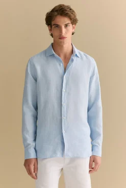 Linen Shirts|The Linen Edit>Trenery Tailored Fit Delave Linen Long Sleeved Shirt FreshBlue