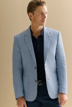 Outerwear|Suits & Tailoring>Trenery Tailored Fit Irish Linen Puppytooth Blazer BlueMelange