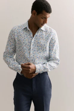 Shirts>Trenery Tailored Fit Linen Painterly Floral Shirt Marshmallow
