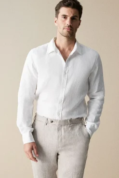 Shirts|Linen Shirts>Trenery Tailored Fit Linen Piece Dyed Long Sleeve Shirt White
