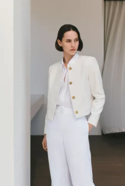 Outerwear>Trenery Tweed Collarless Cropped Jacket White