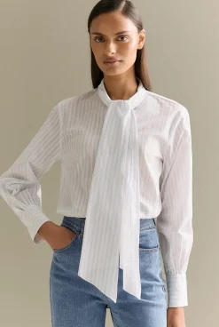Shirts>Trenery Yarn Dyed Cotton Stripe Tie Neck Shirt LightBlue