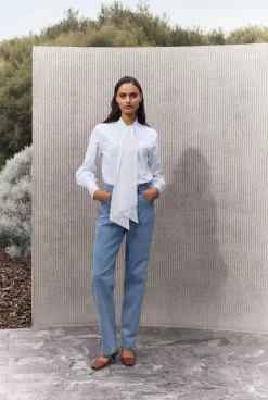 Shirts>Trenery Yarn Dyed Cotton Stripe Tie Neck Shirt LightBlue