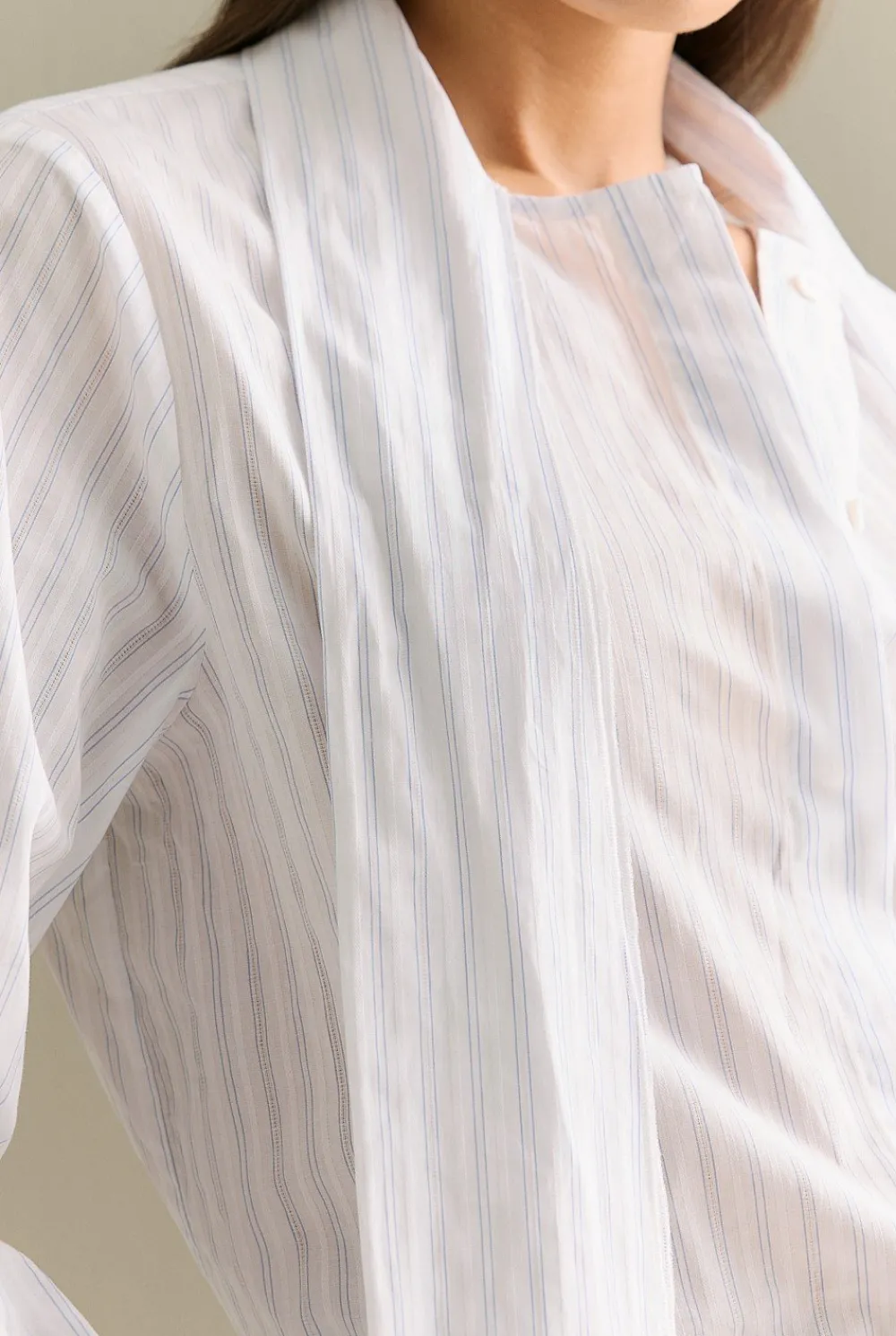 Shirts>Trenery Yarn Dyed Cotton Stripe Tie Neck Shirt LightBlue