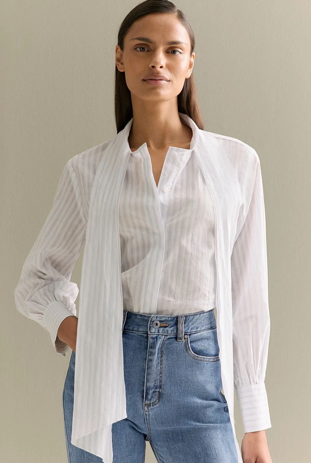 Shirts>Trenery Yarn Dyed Cotton Stripe Tie Neck Shirt LightBlue
