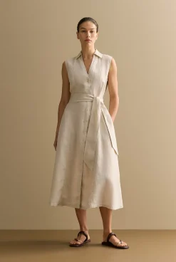 Dresses|The Linen Edit>Trenery Yarn Dyed Linen Panel Detail Sleeveless Shirt Dress Flax