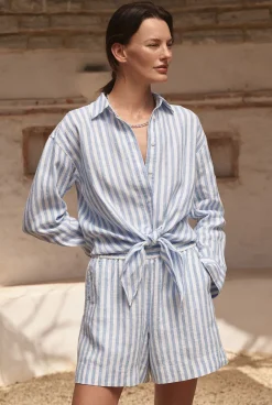 Shirts|Co-ord Sets>Trenery Yarn Dyed Linen Stripe Tie Front Shirt WedgewoodBlue